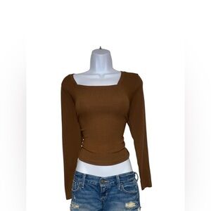 Brown ribbed slightly cropped square neck long sleeve top